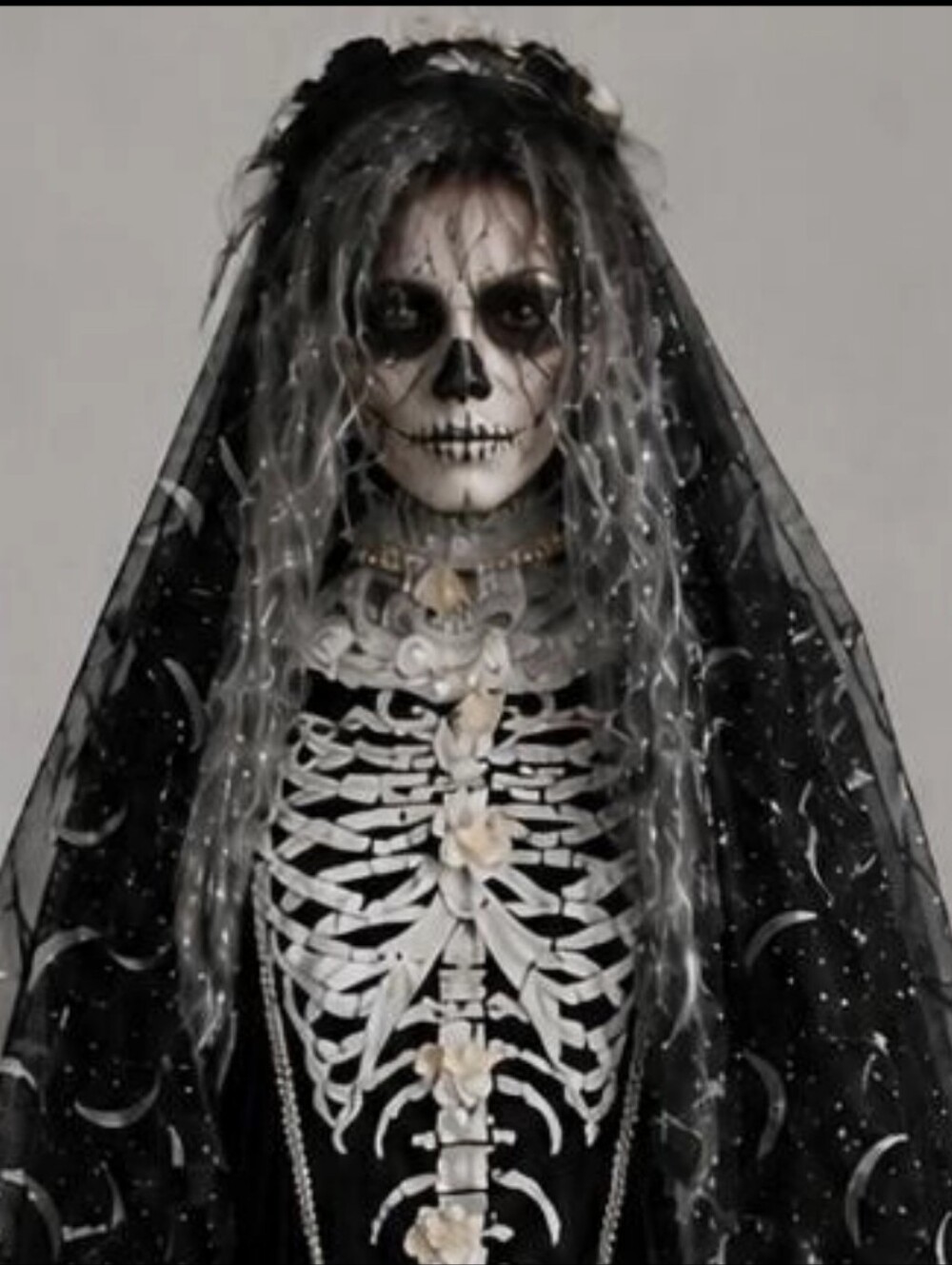 Upcycled Ghost Of Ophelia Gothic Skeleton Costume Black & Silver Gown L - Picture 12 of 15